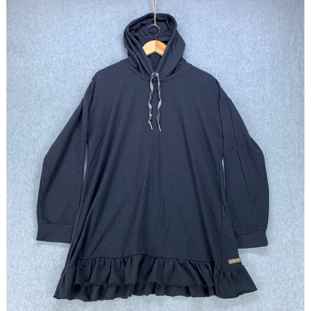 Matilda Jane Hoodie Tunic Women L Black Ruffle Hem Long Sleeve Fleece Pullover